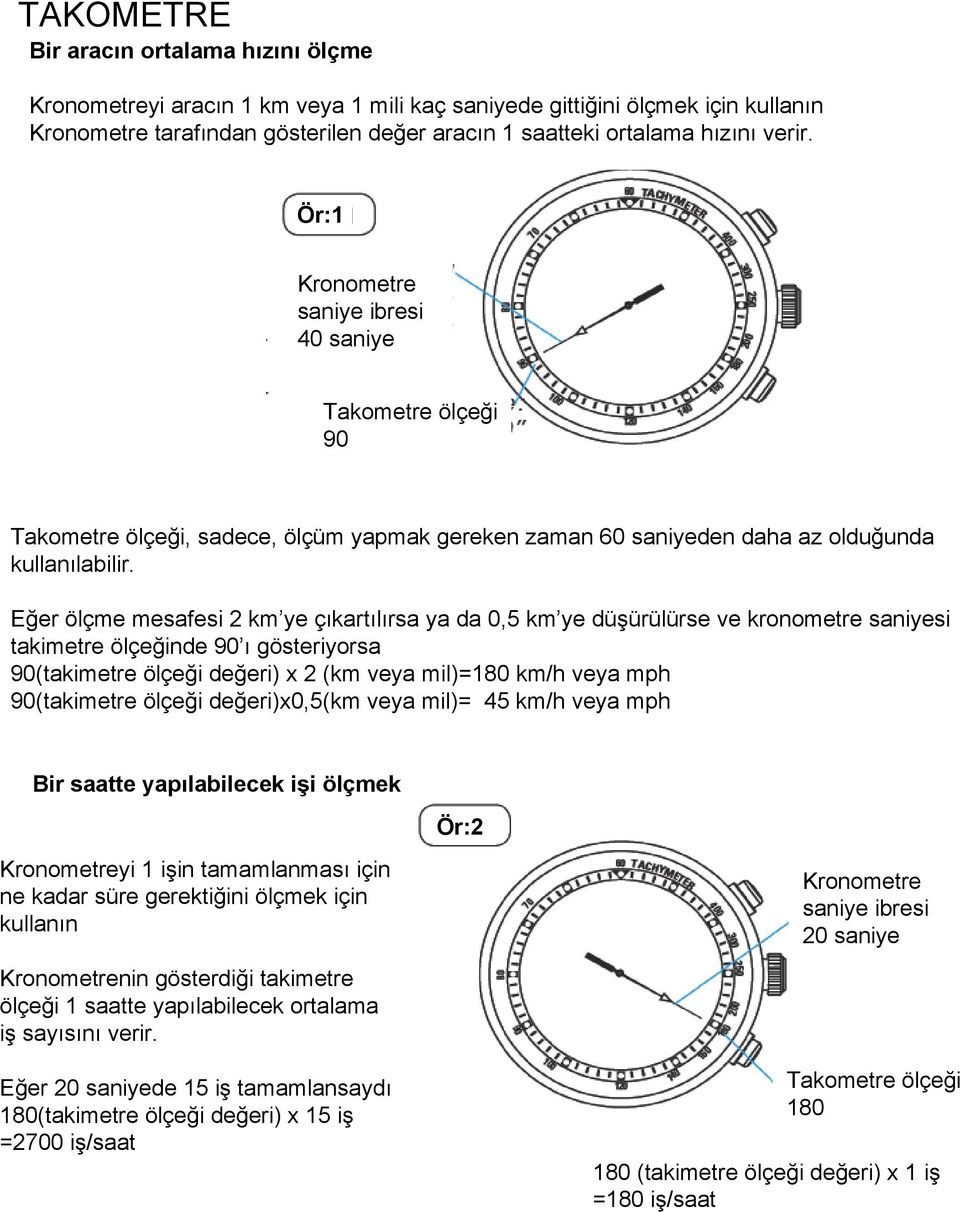 Eğer ölçme mesafesi 2 km ye çıkartılırsa ya da 0,5 km ye düşürülürse ve kronometre saniyesi takimetre ölçeğinde 90 ı gösteriyorsa 90(takimetre ölçeği değeri) x 2 (km veya mil)=180 km/h veya mph