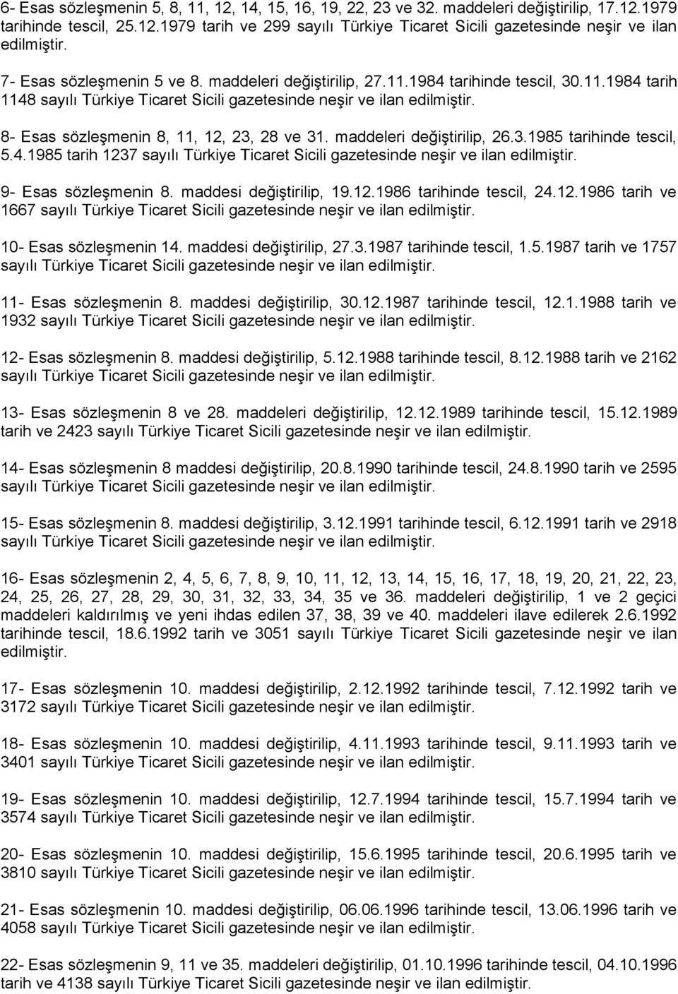 8- Esas sözleşmenin 8, 11, 12, 23, 28 ve 31. maddeleri değiştirilip, 26.3.1985 tarihinde tescil, 5.4.1985 tarih 1237 sayılı Türkiye Ticaret Sicili gazetesinde neşir ve ilan edilmiştir.