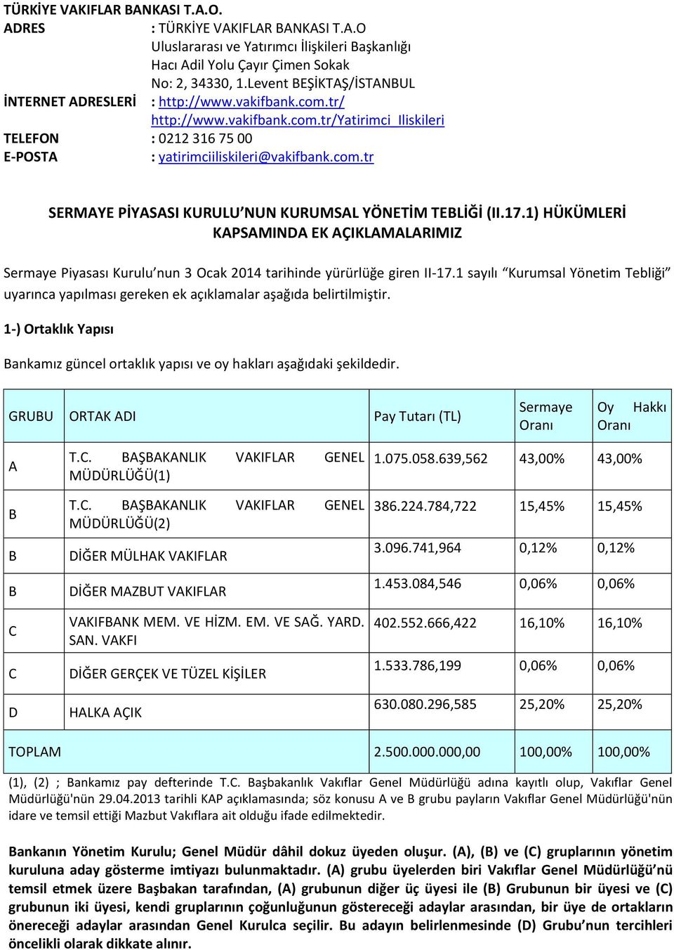 17.1) HÜKÜMLERİ KAPSAMINDA EK AÇIKLAMALARIMIZ Sermaye Piyasası Kurulu nun 3 Ocak 2014 tarihinde yürürlüğe giren II-17.