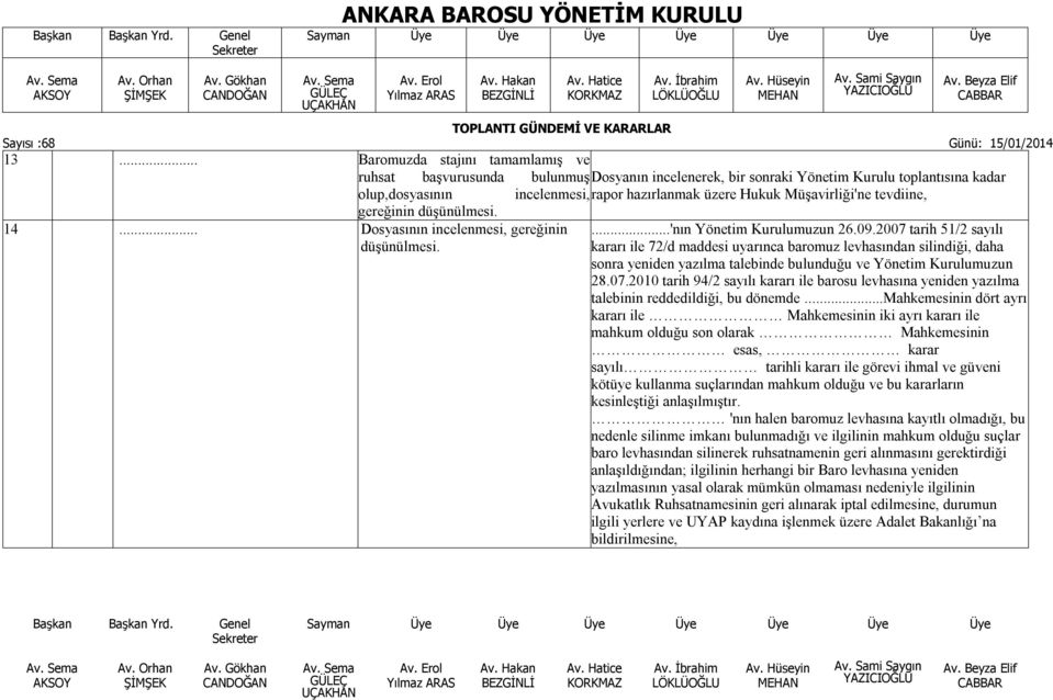 kararı ile 72/d maddesi uyarınca baromuz levhasından silindiği, daha sonra yeniden yazılma talebinde bulunduğu ve Yönetim Kurulumuzun 28.07.