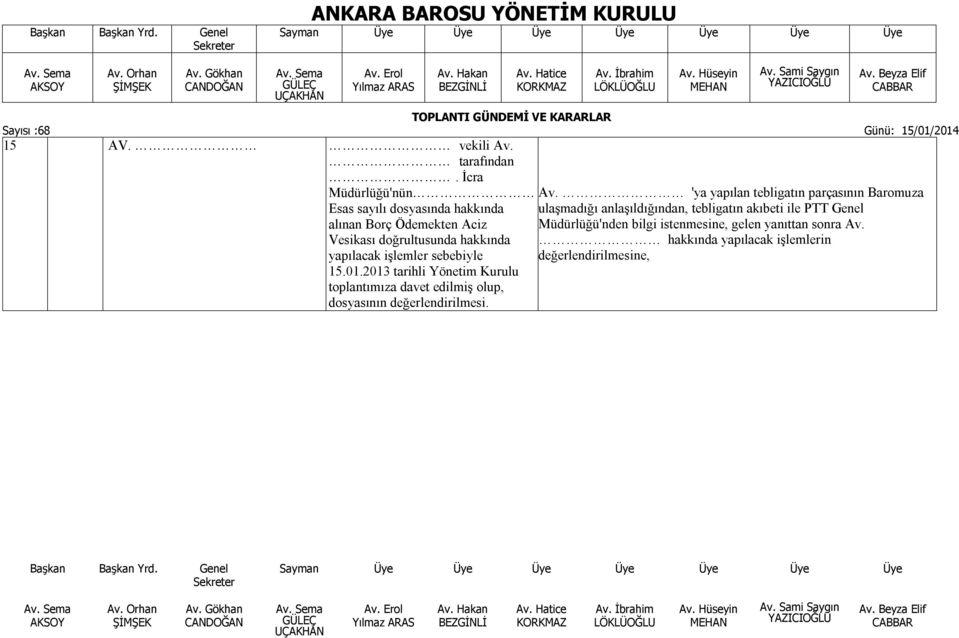 işlemler sebebiyle 15.01.2013 tarihli Yönetim Kurulu toplantımıza davet edilmiş olup, dosyasının değerlendirilmesi. Av.