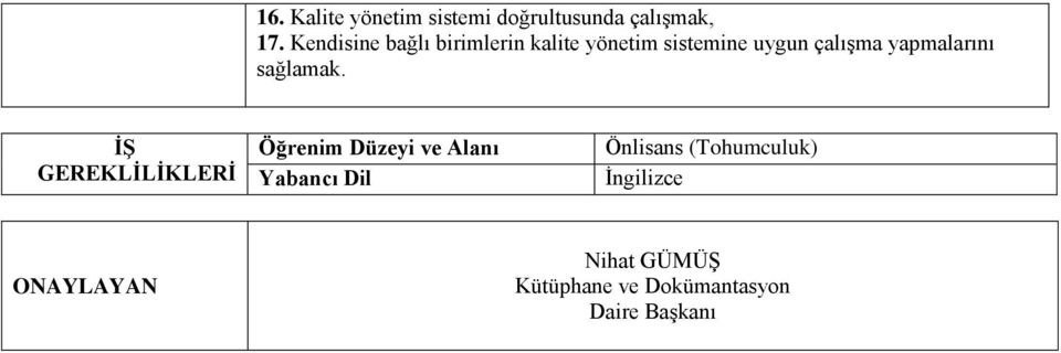 çalışma yapmalarını İŞ GEREKLİLİKLERİ Öğrenim Düzeyi ve Alanı