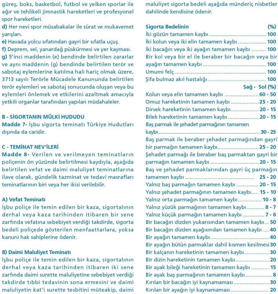 g) 5 inci maddenin (e) bendinde belirtilen zararlar ve aynı maddenin (g) bendinde belirtilen terör ve sabotaj eylemlerine katılma hali hariç olmak üzere, 3713 sayılı Terörle Mücadele Kanununda