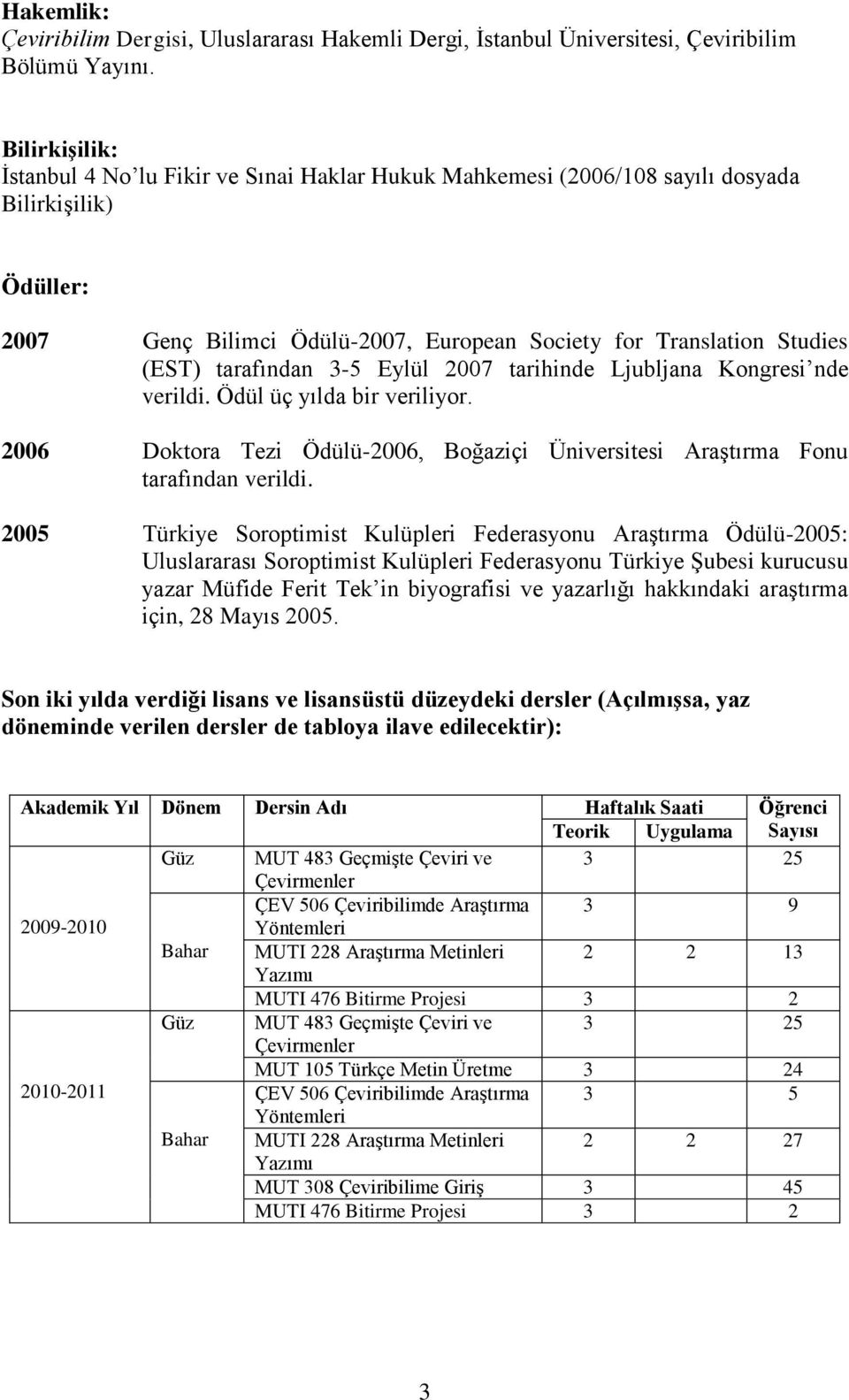 tarafından 3-5 Eylül 2007 tarihinde Ljubljana Kongresi nde verildi. Ödül üç yılda bir veriliyor. 2006 Doktora Tezi Ödülü-2006, Boğaziçi Üniversitesi Araştırma Fonu tarafından verildi.