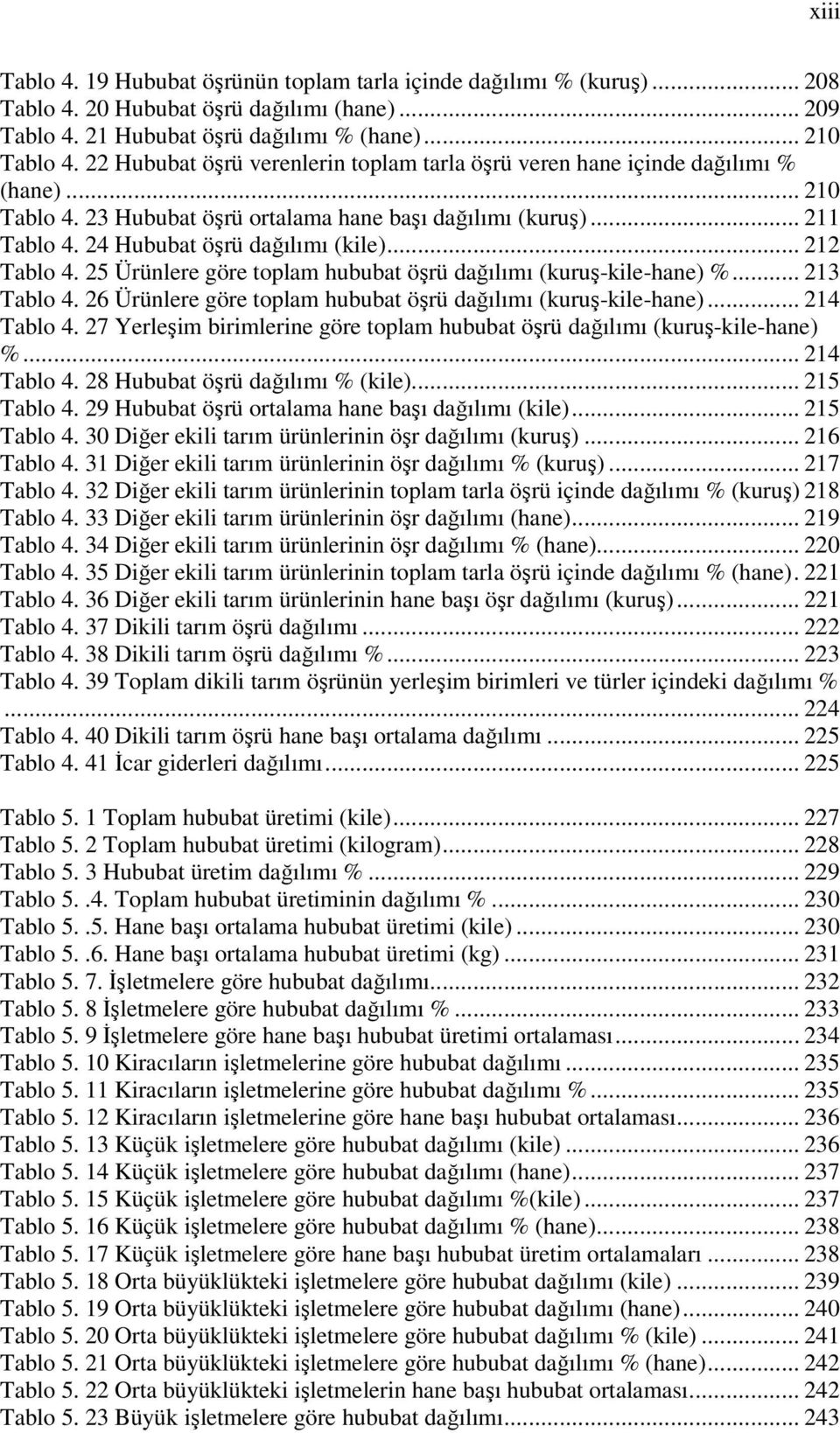 .. 212 Tablo 4. 25 Ürünlere göre toplam hububat öşrü dağılımı (kuruş-kile-hane) %... 213 Tablo 4. 26 Ürünlere göre toplam hububat öşrü dağılımı (kuruş-kile-hane)... 214 Tablo 4.