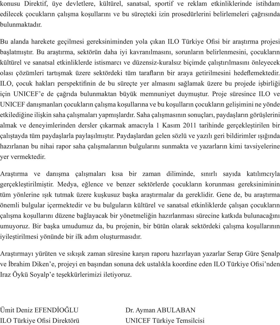 Bu araştırma, sektörün daha iyi kavranılmasını, sorunların belirlenmesini, çocukların kültürel ve sanatsal etkinliklerde istismarcı ve düzensiz-kuralsız biçimde çalıştırılmasını önleyecek olası