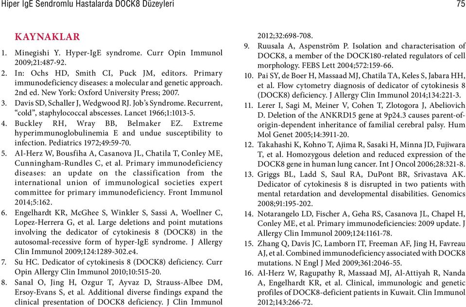 Recurrent, cold, staphylococcal abscesses. Lancet 1966;1:1013-5. 4. Buckley RH, Wray BB, Belmaker EZ. Extreme hyperimmunoglobulinemia E and undue susceptibility to infection. Pediatrics 1972;49:59-70.