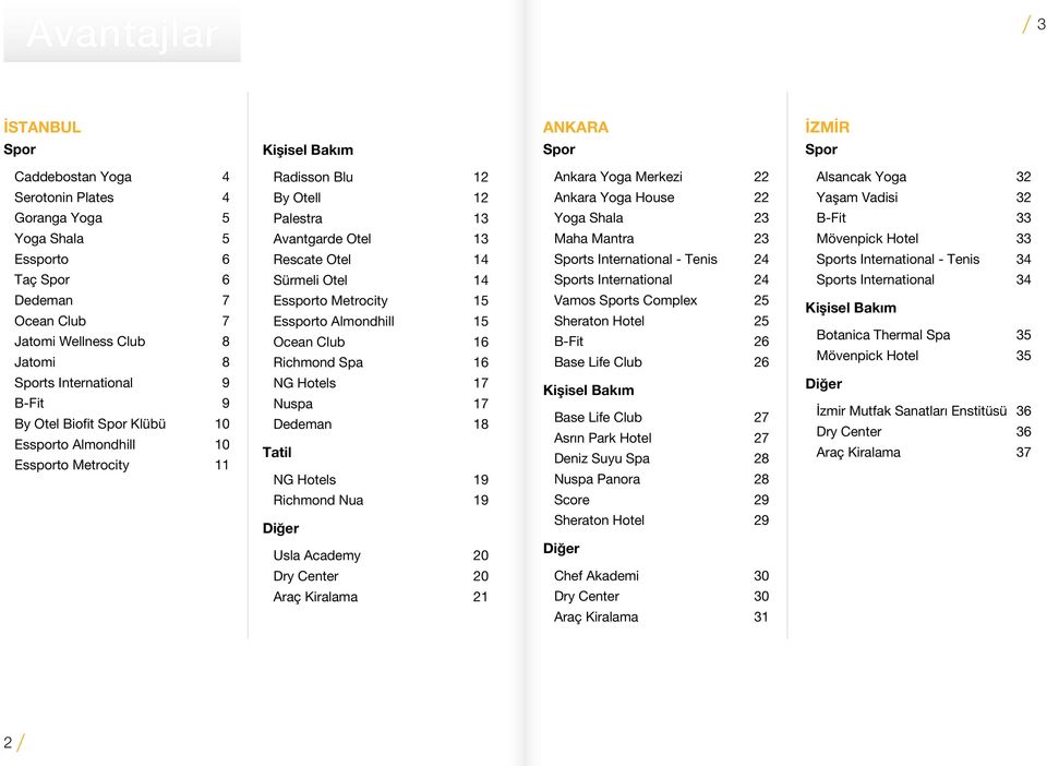 Essporto Metrocity 15 Essporto Almondhill 15 Ocean Club 16 Richmond Spa 16 NG Hotels 17 Nuspa 17 Dedeman 18 Tatil NG Hotels 19 Richmond Nua 19 Diğer Usla Academy 20 Dry Center 20 Araç Kiralama 21