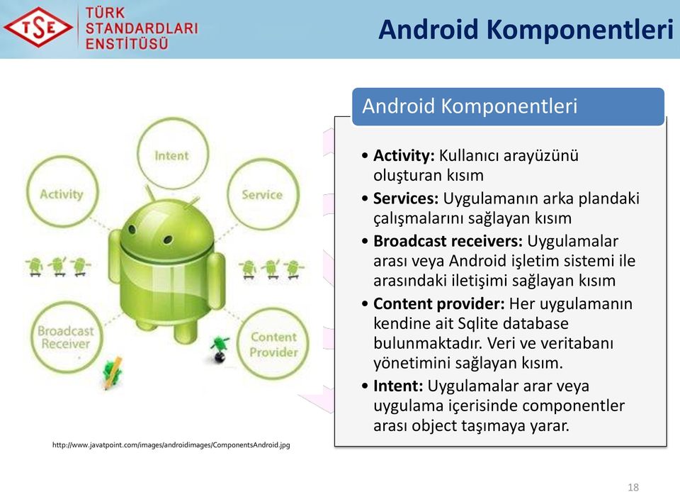 Uygulamalar arası veya Android işletim sistemi ile arasındaki iletişimi sağlayan kısım Content provider: Her uygulamanın kendine ait