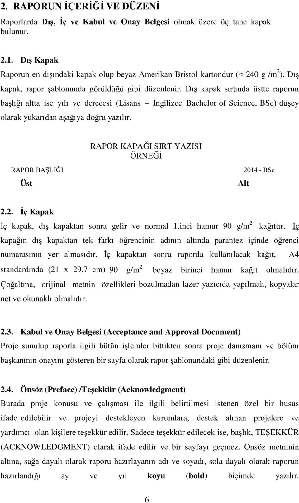 Dış kapak sırtında üstte raporun başlığı altta ise yılı ve derecesi (Lisans İngilizce Bachelor of Science, BSc) düşey olarak yukarıdan aşağıya doğru yazılır.