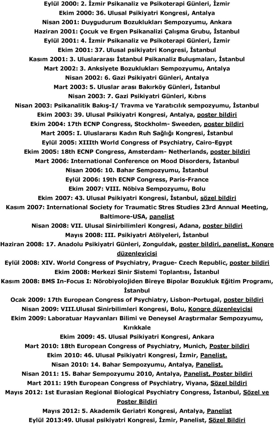 İzmir Psikanaliz ve Psikoterapi Günleri, İzmir Ekim 2001: 37. Ulusal psikiyatri Kongresi, İstanbul Kasım 2001: 3. Uluslararası İstanbul Psikanaliz Buluşmaları, İstanbul Mart 2002: 3.