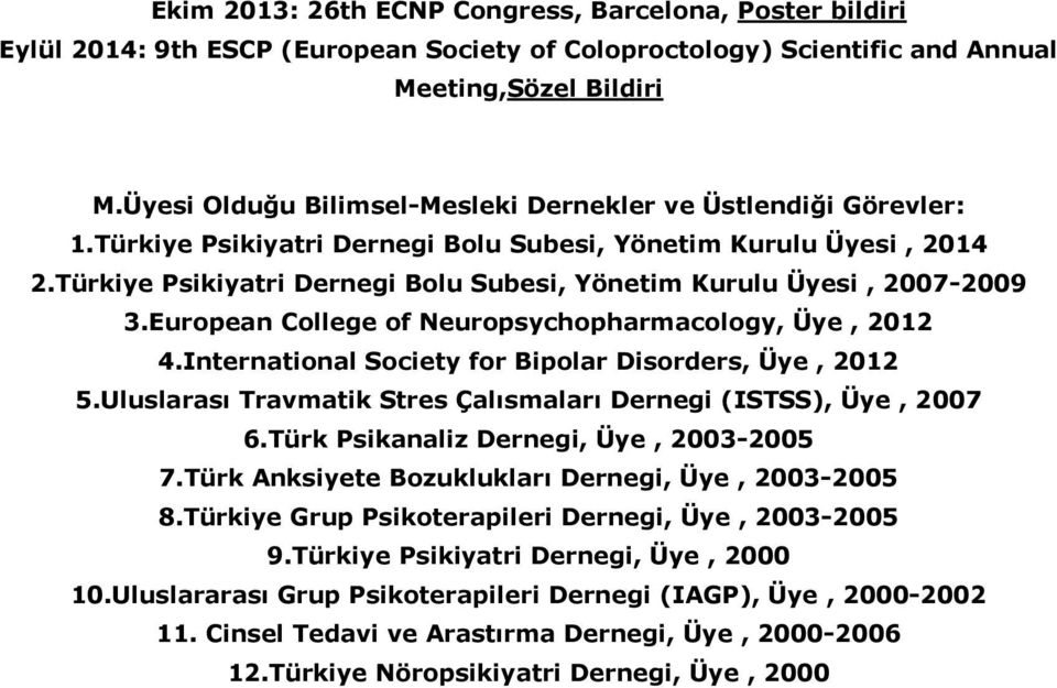 Türkiye Psikiyatri Dernegi Bolu Subesi, Yönetim Kurulu Üyesi, 2007-2009 3.European College of Neuropsychopharmacology, Üye, 2012 4.International Society for Bipolar Disorders, Üye, 2012 5.