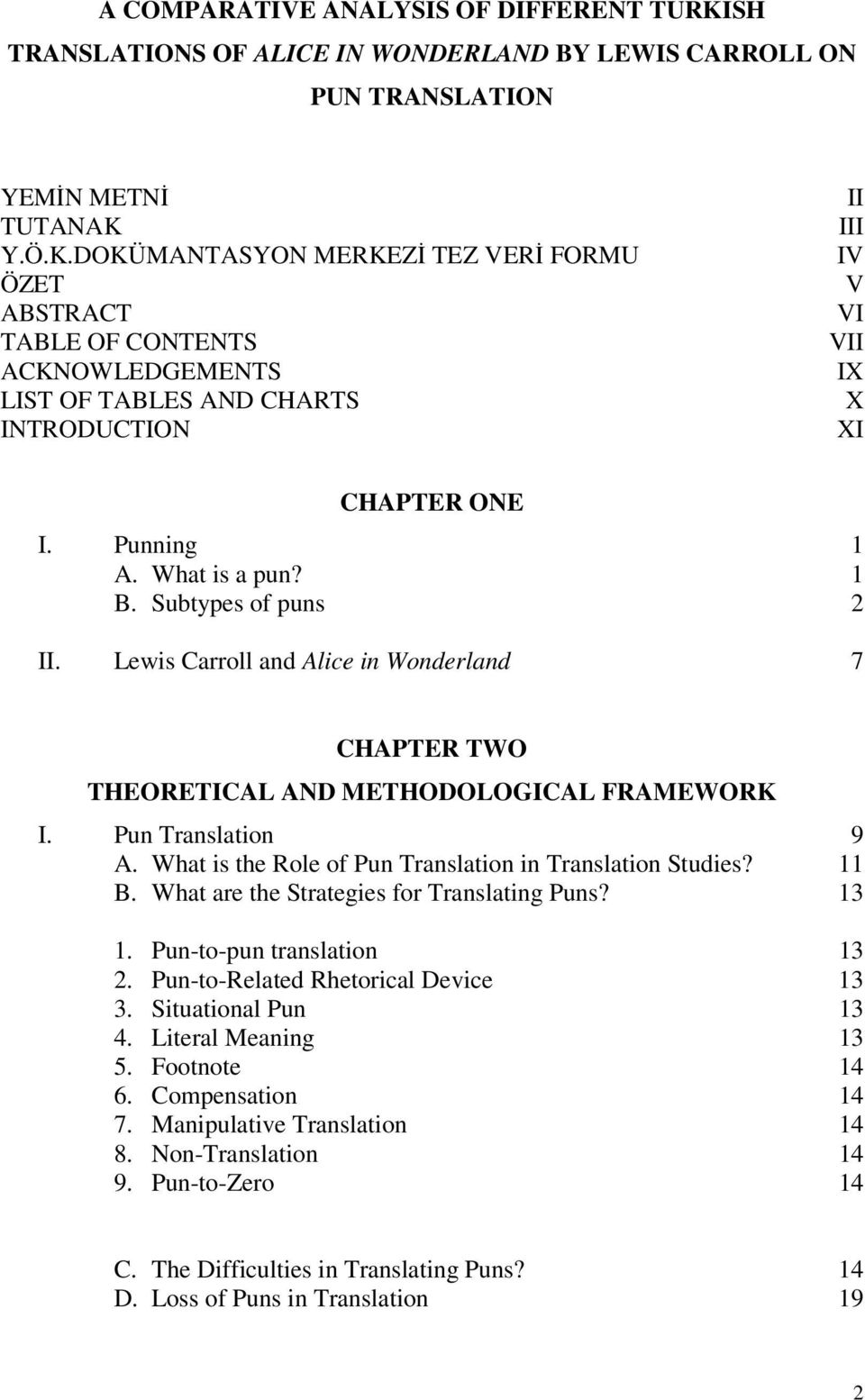 Y.Ö.K.DOKÜMANTASYON MERKEZİ TEZ VERİ FORMU ÖZET ABSTRACT TABLE OF CONTENTS ACKNOWLEDGEMENTS LIST OF TABLES AND CHARTS INTRODUCTION II III IV V VI VII IX X XI CHAPTER ONE I. Punning 1 A. What is a pun?