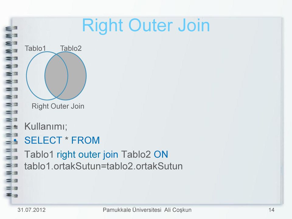 join Tablo2 ON tablo1.ortaksutun=tablo2.