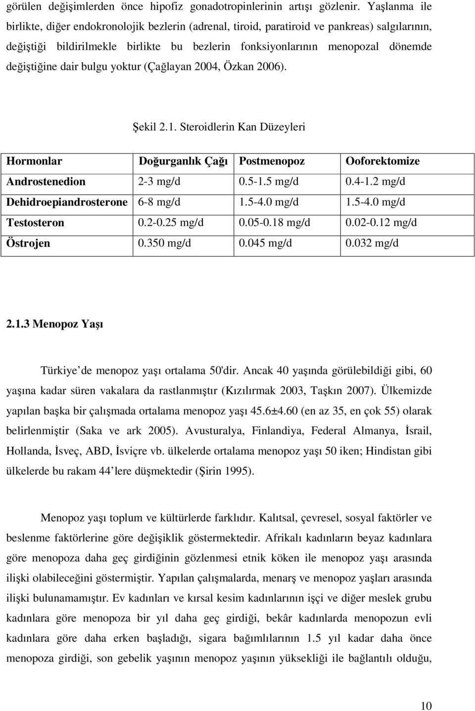 değiştiğine dair bulgu yoktur (Çağlayan 2004, Özkan 2006). Şekil 2.1. Steroidlerin Kan Düzeyleri Hormonlar Doğurganlık Çağı Postmenopoz Ooforektomize Androstenedion 2-3 mg/d 0.5-1.5 mg/d 0.4-1.