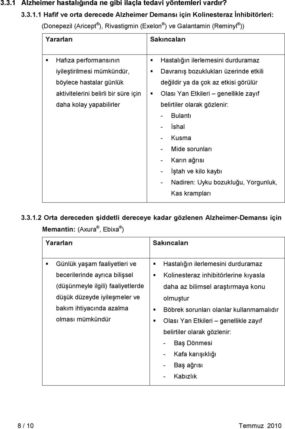 1 Hafif ve orta derecede Alzheimer Demansı için Kolinesteraz İnhibitörleri: (Donepezil (Aricept ), Rivastigmin (Exelon ) ve Galantamin (Reminyl )) Yararları Sakıncaları Hafıza performansının