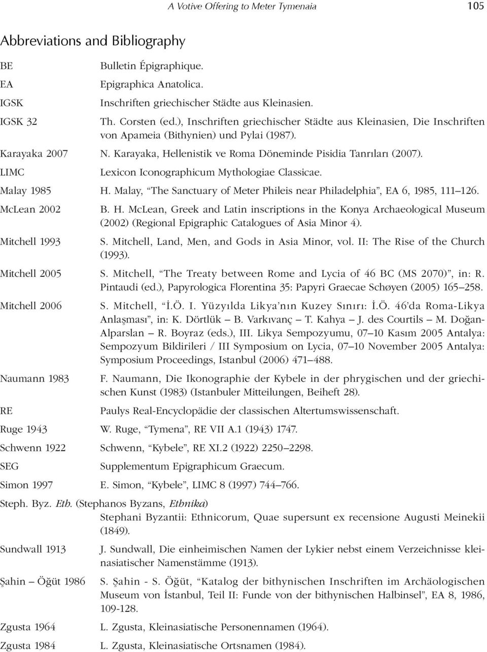 LIMC Lexicon Iconographicum Mythologiae Classicae. Malay 1985 H. Malay, The Sanctuary of Meter Phileis near Philadelphia, EA 6, 1985, 111 126. McLean 2002 Mitchell 1993 B. H. McLean, Greek and Latin inscriptions in the Konya Archaeological Museum (2002) (Regional Epigraphic Catalogues of Asia Minor 4).