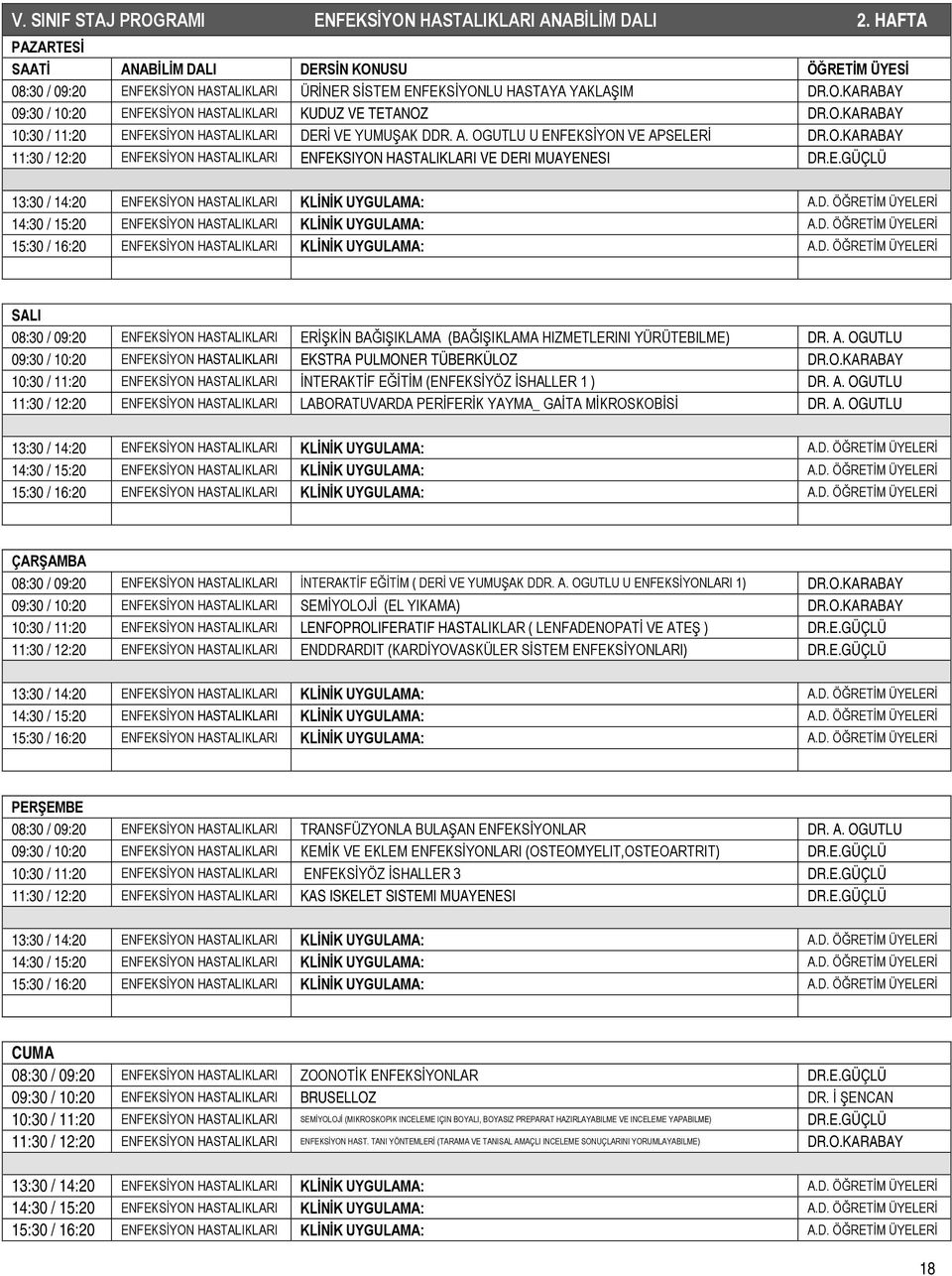 E.GÜÇLÜ 13:30 / 14:20 ENFEKSİYON HASTALIKLARI KLİNİK UYGULAMA: A.D. ÖĞRETİM ÜYELERİ 14:30 / 15:20 ENFEKSİYON HASTALIKLARI KLİNİK UYGULAMA: A.D. ÖĞRETİM ÜYELERİ 15:30 / 16:20 ENFEKSİYON HASTALIKLARI KLİNİK UYGULAMA: A.