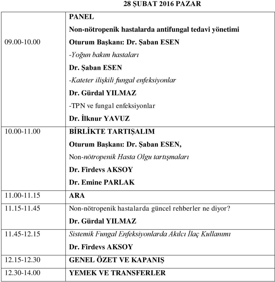 00 BİRLİKTE TARTIŞALIM Oturum Başkanı: Dr. Şaban ESEN, Non-nötropenik Hasta Olgu tartışmaları Dr. Firdevs AKSOY Dr. Emine PARLAK 11.00-11.15 ARA 11.15-11.