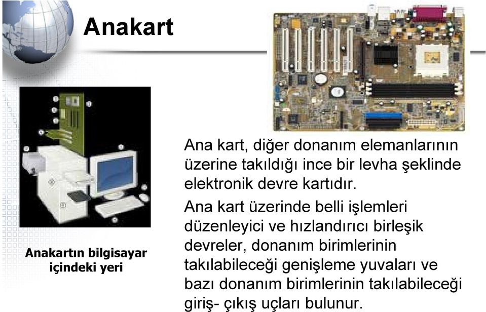 Ana kart üzerinde belli işlemleri düzenleyici ve hızlandırıcı birleşik devreler, donanım