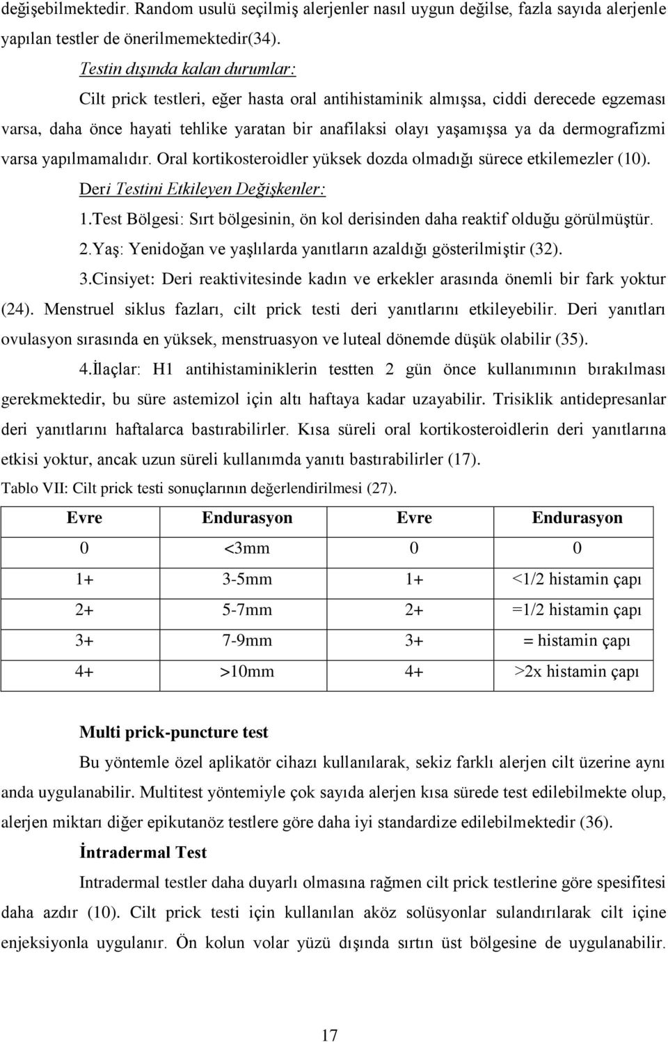 dermografizmi varsa yapılmamalıdır. Oral kortikosteroidler yüksek dozda olmadığı sürece etkilemezler (10). Deri Testini Etkileyen Değişkenler: 1.