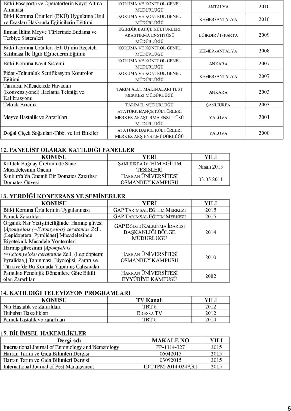 ISPARTA 2009 KEMER-ANTALYA 2008 ANKARA 2007 Fidan-Tohumluk Sertifikasyon Kontrolör Eğitimi KEMER-ANTALYA 2007 Tarımsal Mücadelede avadan TARIM ALET MAKINALARI TEST (Konvensiyonel) İlaçlama Tekniği ve