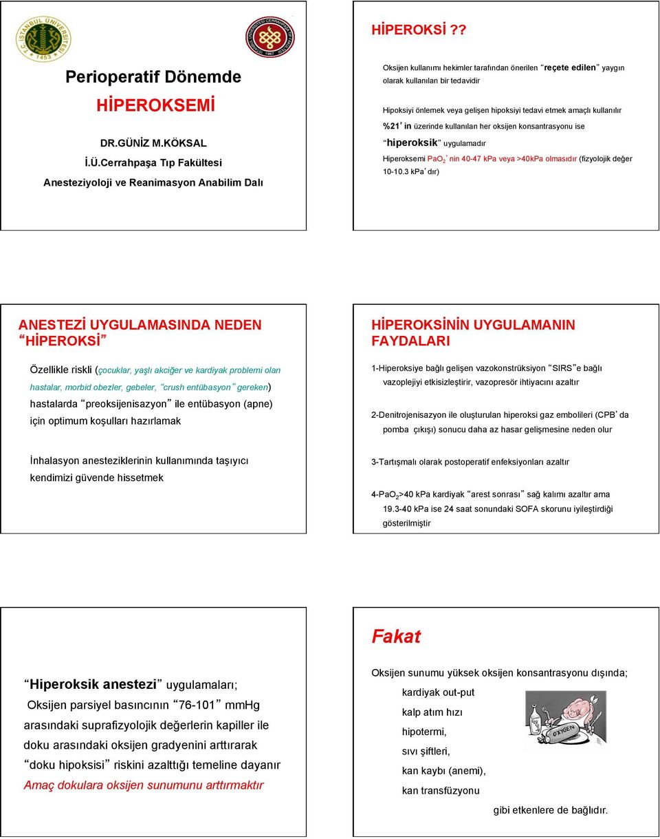 Cerrahpaşa Tıp Fakültesi Anesteziyoloji ve Reanimasyon Anabilim Dalı Oksijen kullanımı hekimler tarafından önerilen reçete edilen yaygın olarak kullanılan bir tedavidir Hipoksiyi önlemek veya gelişen