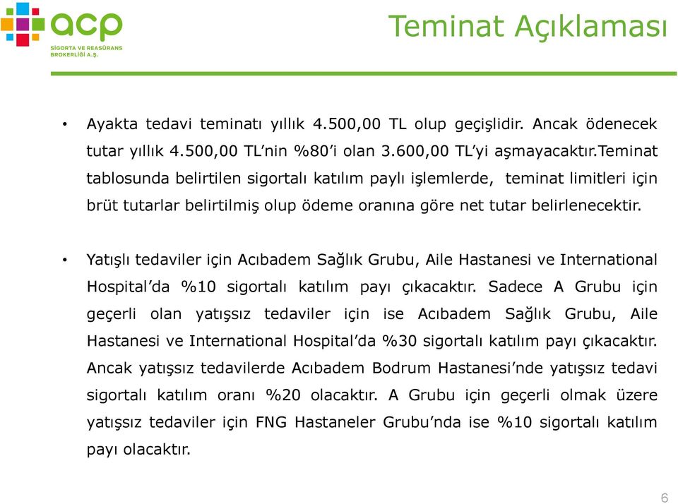 Yatışlı tedaviler için Acıbadem Sağlık Grubu, Aile Hastanesi ve International Hospital da %10 sigortalı katılım payı çıkacaktır.