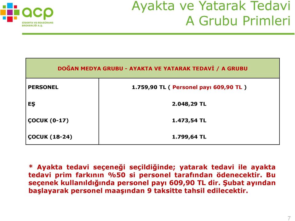 799,64 TL * Ayakta tedavi seçeneği seçildiğinde; yatarak tedavi ile ayakta tedavi prim farkının %50 si personel