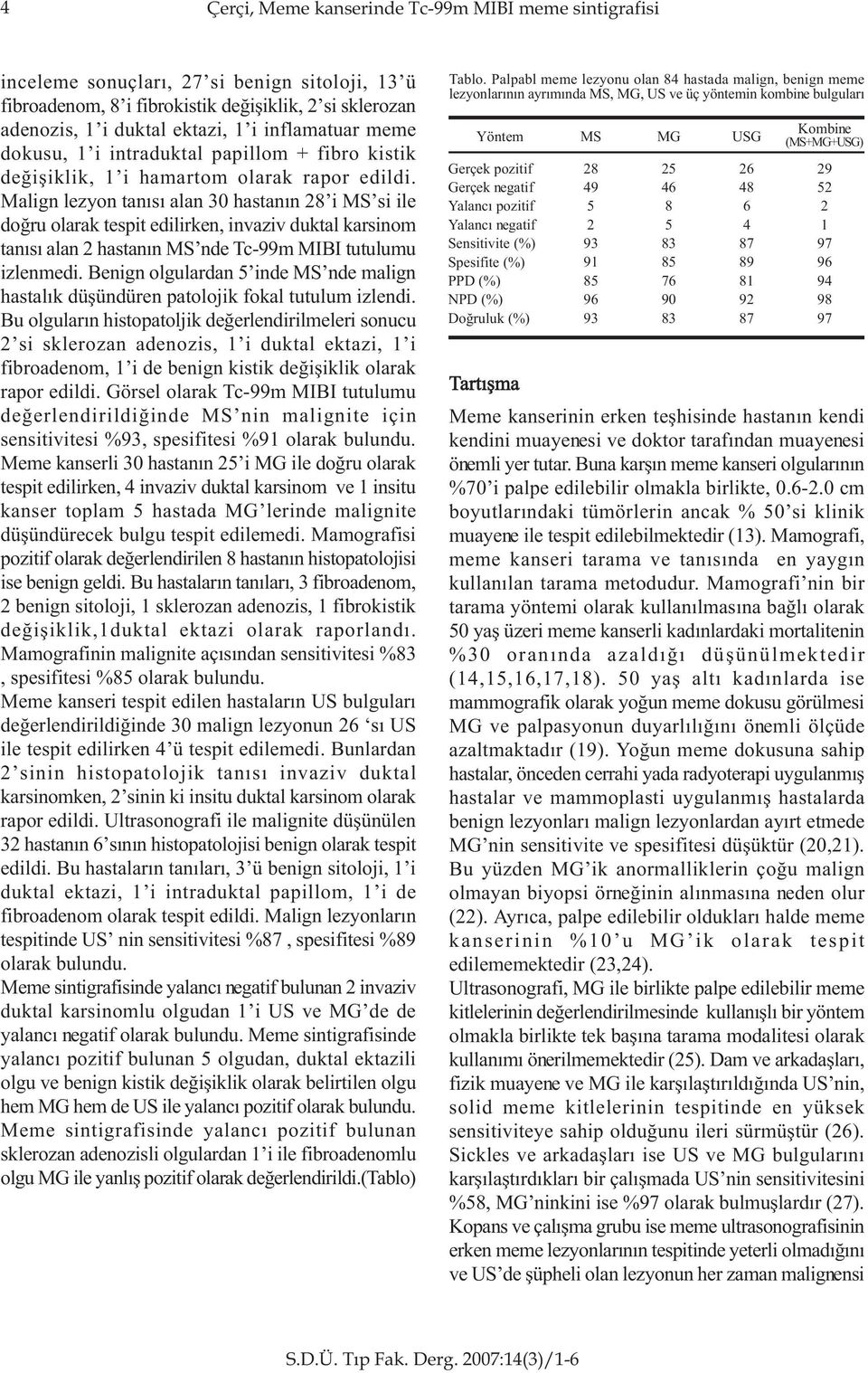 Malign lezyon tanýsý alan 30 hastanýn 28 i MS si ile doðru olarak tespit edilirken, invaziv duktal karsinom tanýsý alan 2 hastanýn MS nde Tc-99m MIBI tutulumu izlenmedi.