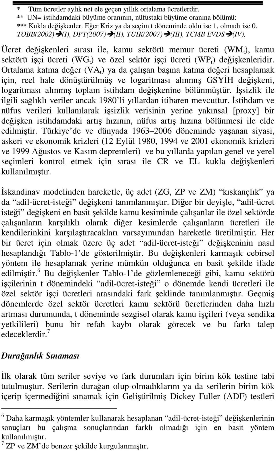 TOBB(2002) (I), DPT(2007) (II), TUIK(2007) (III), TCMB EVDS (IV), Ücre değişkenleri sırası ile, kamu sekörü memur ücrei (WM ), kamu sekörü işçi ücrei (WG ) ve özel sekör işçi ücrei (WP )