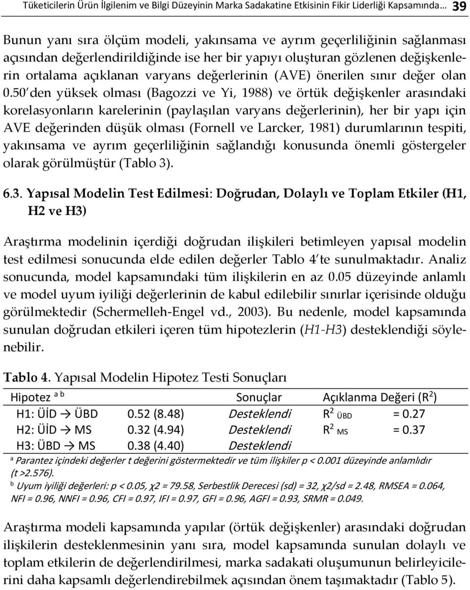 50 den yüksek olması (Bagozzi ve Yi, 1988) ve örtük değişkenler arasındaki korelasyonların karelerinin (paylaşılan varyans değerlerinin), her bir yapı için AVE değerinden düşük olması (Fornell ve