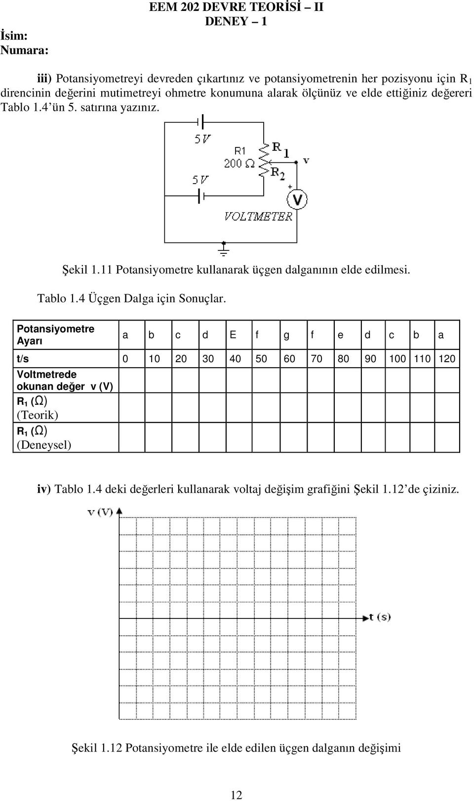 Potansiyometre Ayarı a b c d E f g f e d c b a t/s 0 10 20 30 40 50 60 70 80 90 100 110 120 Voltmetrede okunan değer v (V) R 1 (Ω) (Teorik) R 1 (Ω)