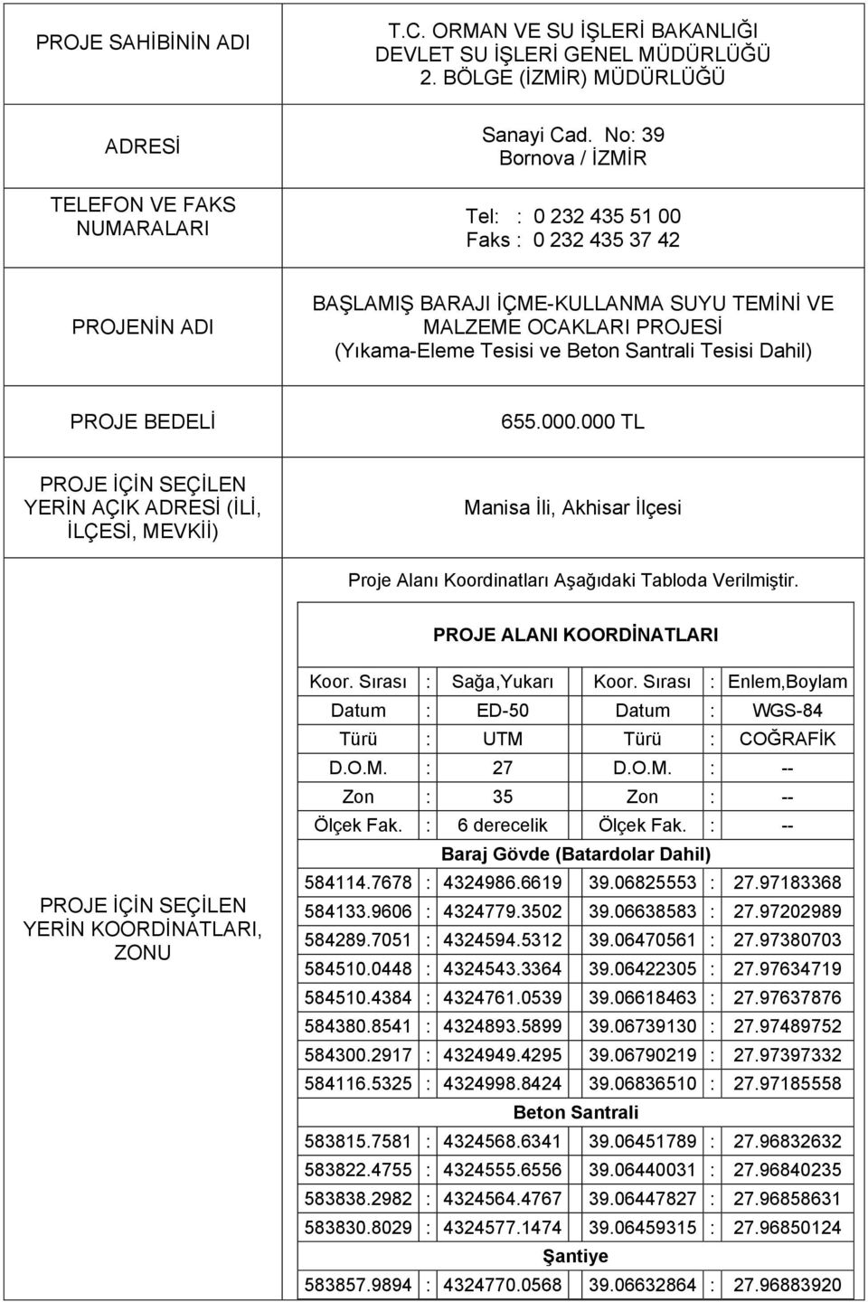 Dahil) PROJE BEDELİ 655.000.000 TL PROJE İÇİN SEÇİLEN YERİN AÇIK ADRESİ (İLİ, İLÇESİ, MEVKİİ) Manisa İli, Akhisar İlçesi Proje Alanı Koordinatları Aşağıdaki Tabloda Verilmiştir.