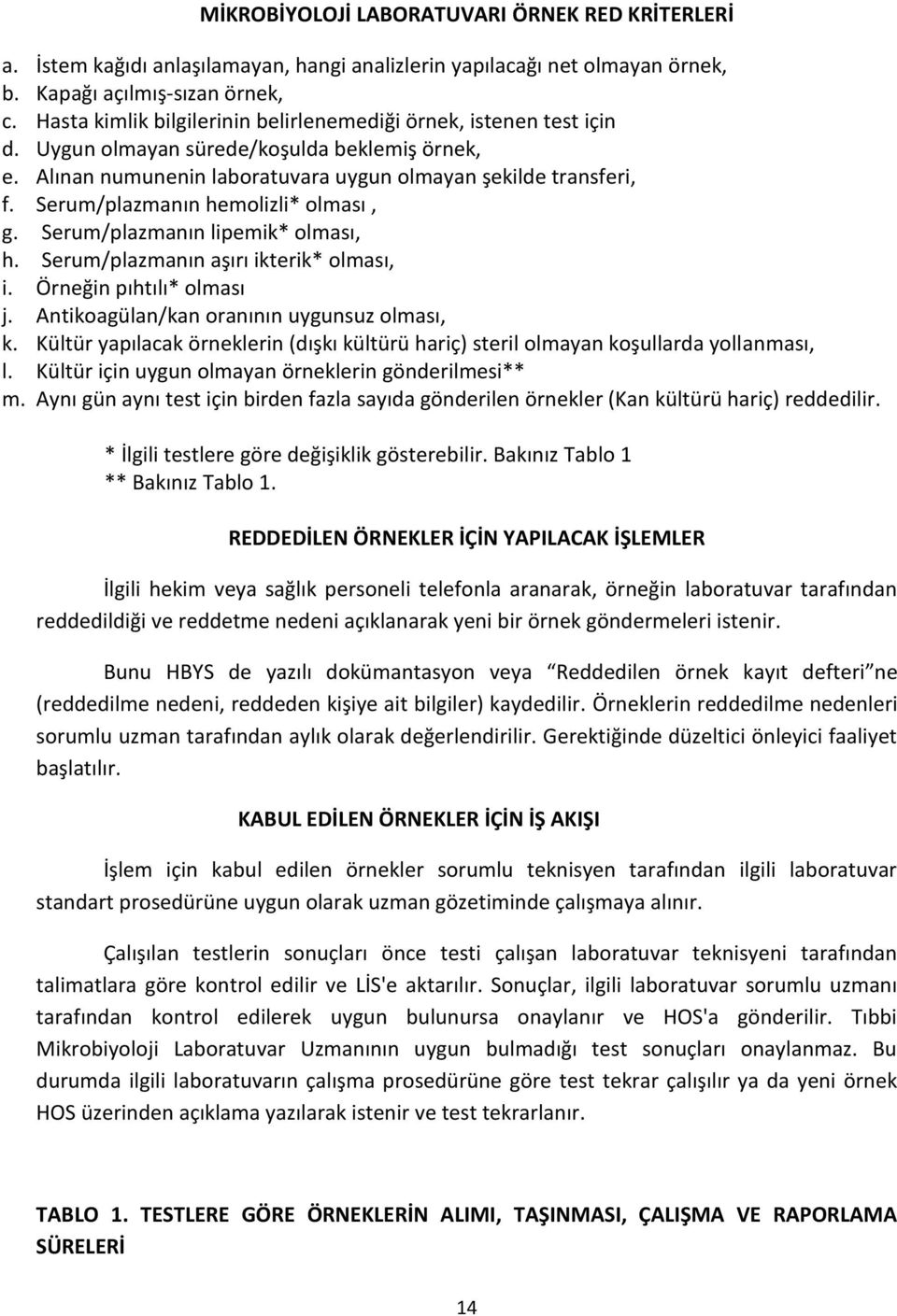 Serum/plazmanın hemolizli* olması, g. Serum/plazmanın lipemik* olması, h. Serum/plazmanın aşırı ikterik* olması, i. Örneğin pıhtılı* olması j. Antikoagülan/kan oranının uygunsuz olması, k.