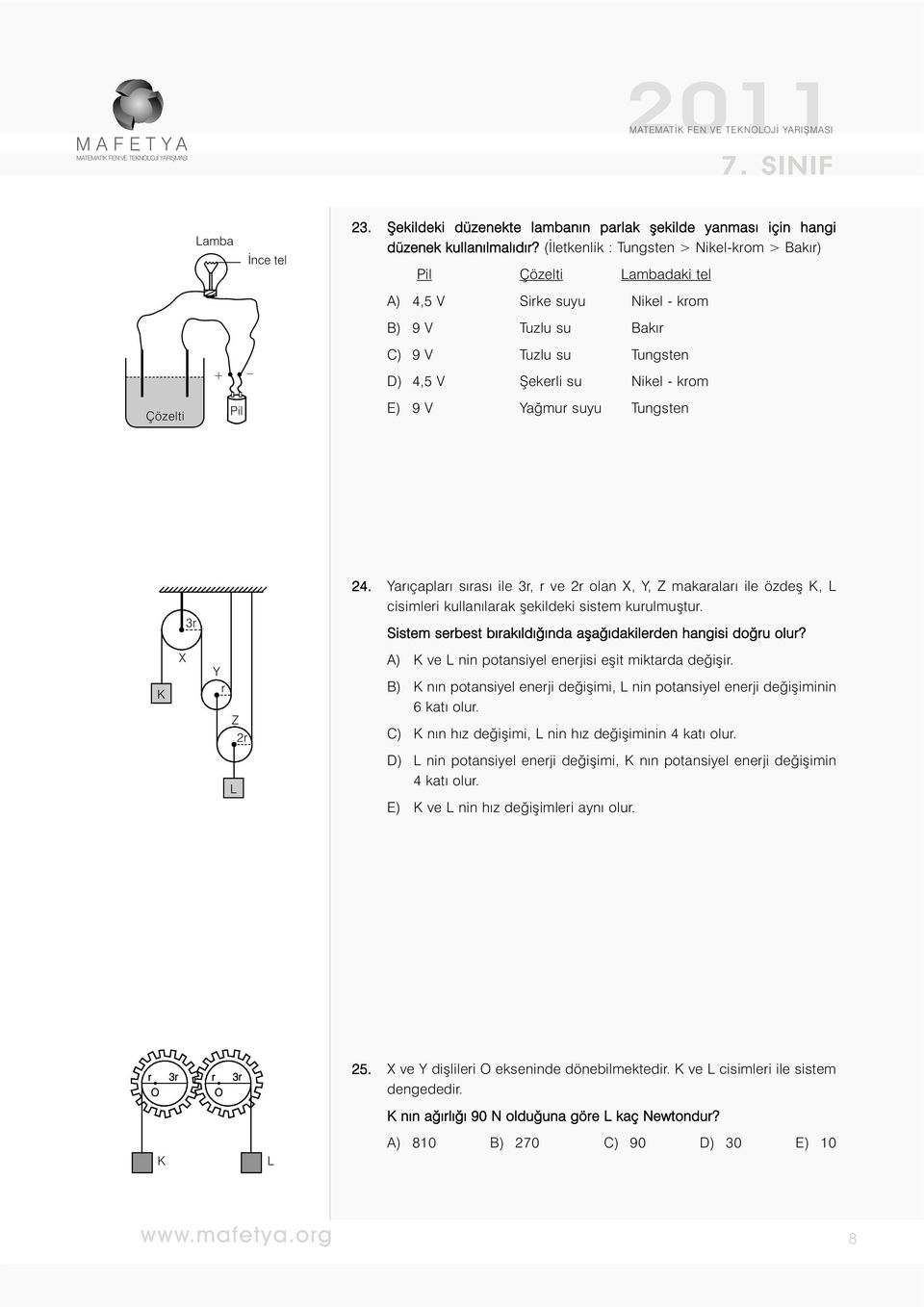 9 V Yağmur suyu Tungsten 3r 24. Yarıçapları sırası ile 3r, r ve 2r olan X, Y, Z makaraları ile özdeş K, L cisimleri kullanılarak şekildeki sistem kurulmuştur.