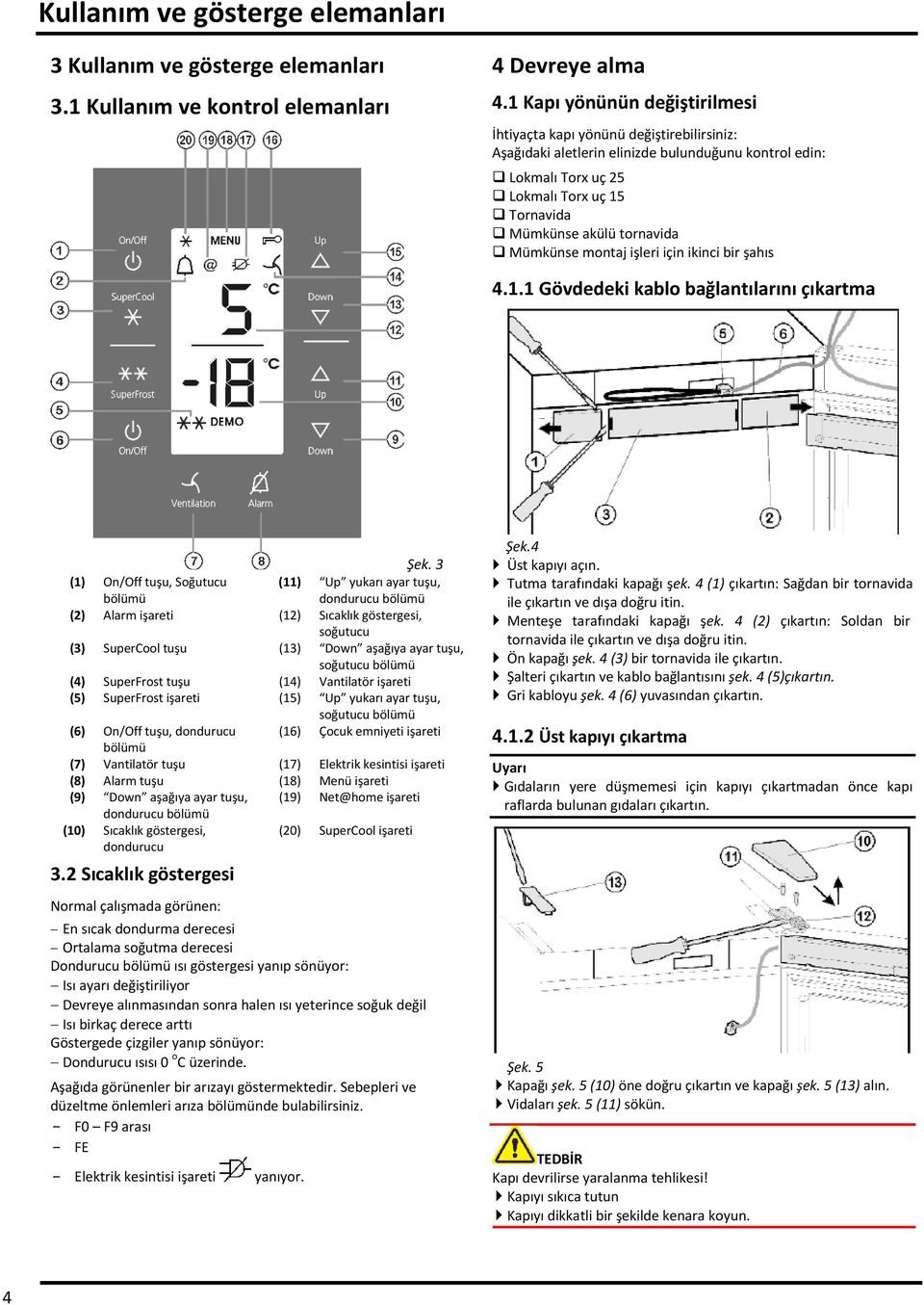 tornavida Mümkünse montaj işleri için ikinci bir şahıs 4.1.1 Gövdedeki kablo bağlantılarını çıkartma Şek.