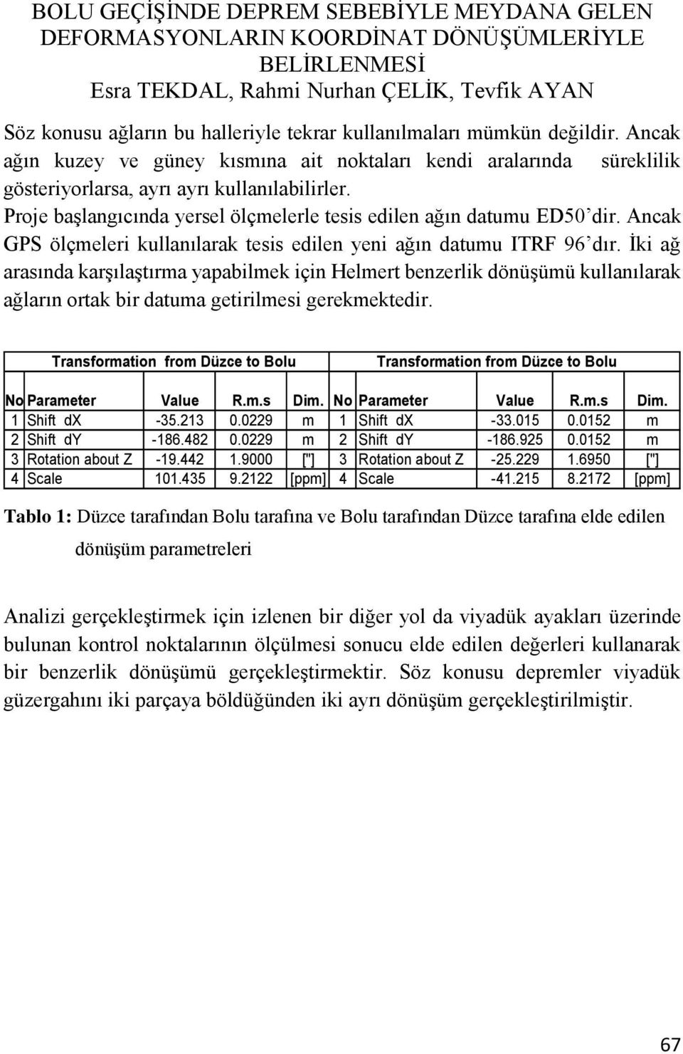 İki ağ arasında karşılaştırma yapabilmek için Helmert benzerlik dönüşümü kullanılarak ağların ortak bir datuma getirilmesi gerekmektedir.