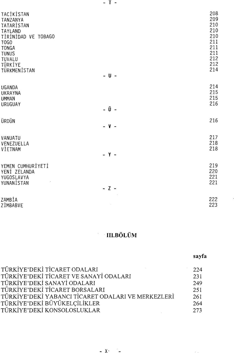 221 YUNANİSTAN 221 - z - ZAMBİA 222 ZİMBABVE 223 lllbölüm TÜRKİYE'DEKi TİCARET ODALAR! 224 TÜRKİYE'DEKi TİCARET VE SANA Yİ ODALAR! 231 TÜRKİYE'DEKi SANA Yİ ODALAR!