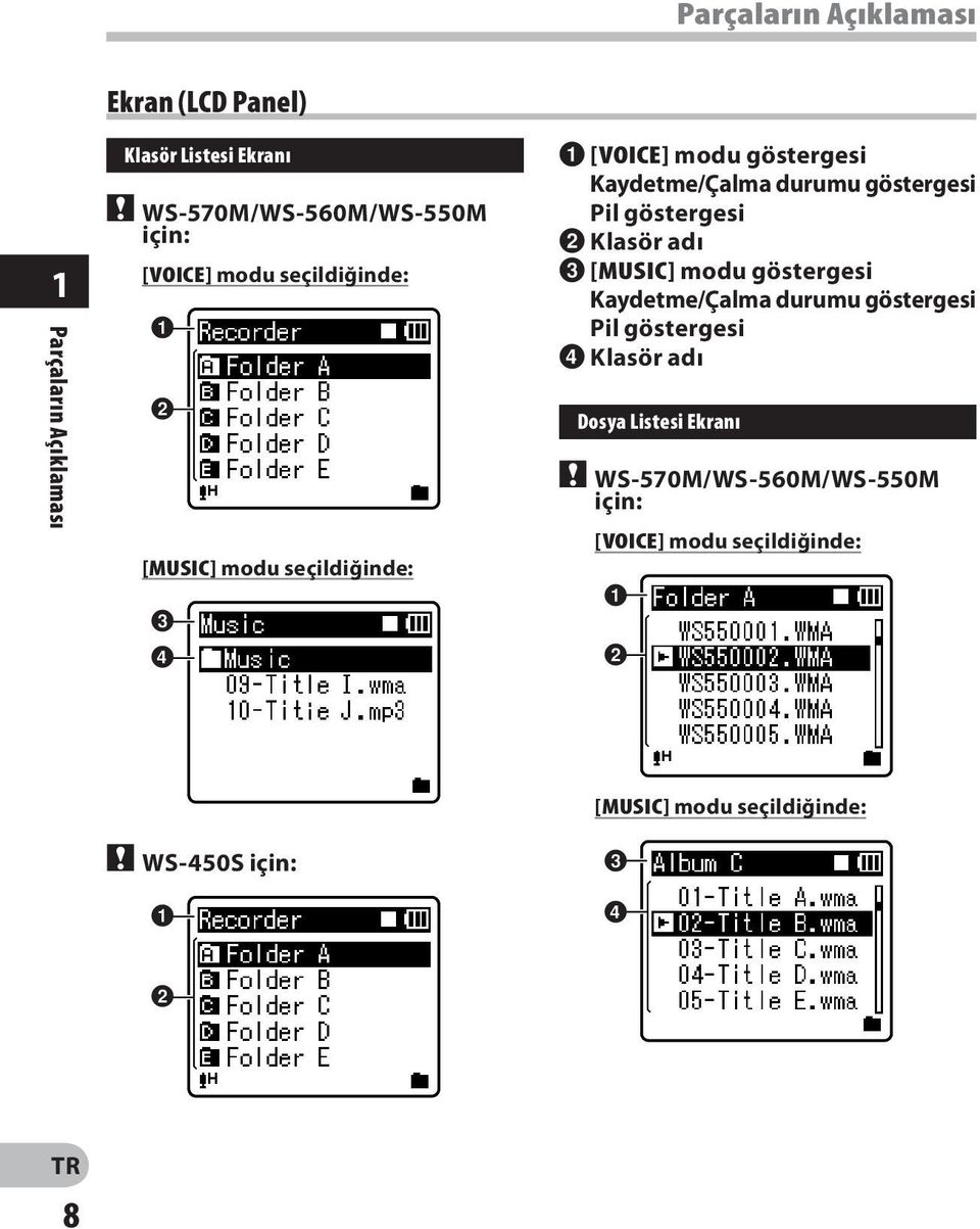 Pil göstergesi 2 Klasör adı 3 [MUSIC] modu göstergesi Kaydetme/Çalma durumu göstergesi Pil göstergesi 4 Klasör adı Dosya