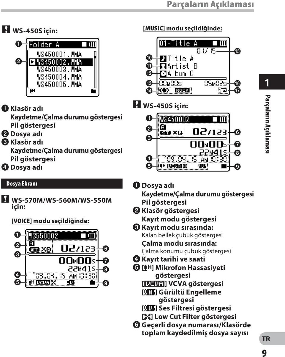 Parçaların Açıklaması Dosya Ekranı " WS-570M/WS-560M/WS-550M için: [VOICE] modu seçildiğinde: 1 2 3 4 5 6 7 8 9 1 Dosya adı Kaydetme/Çalma durumu göstergesi Pil göstergesi 2 Klasör göstergesi Kayıt