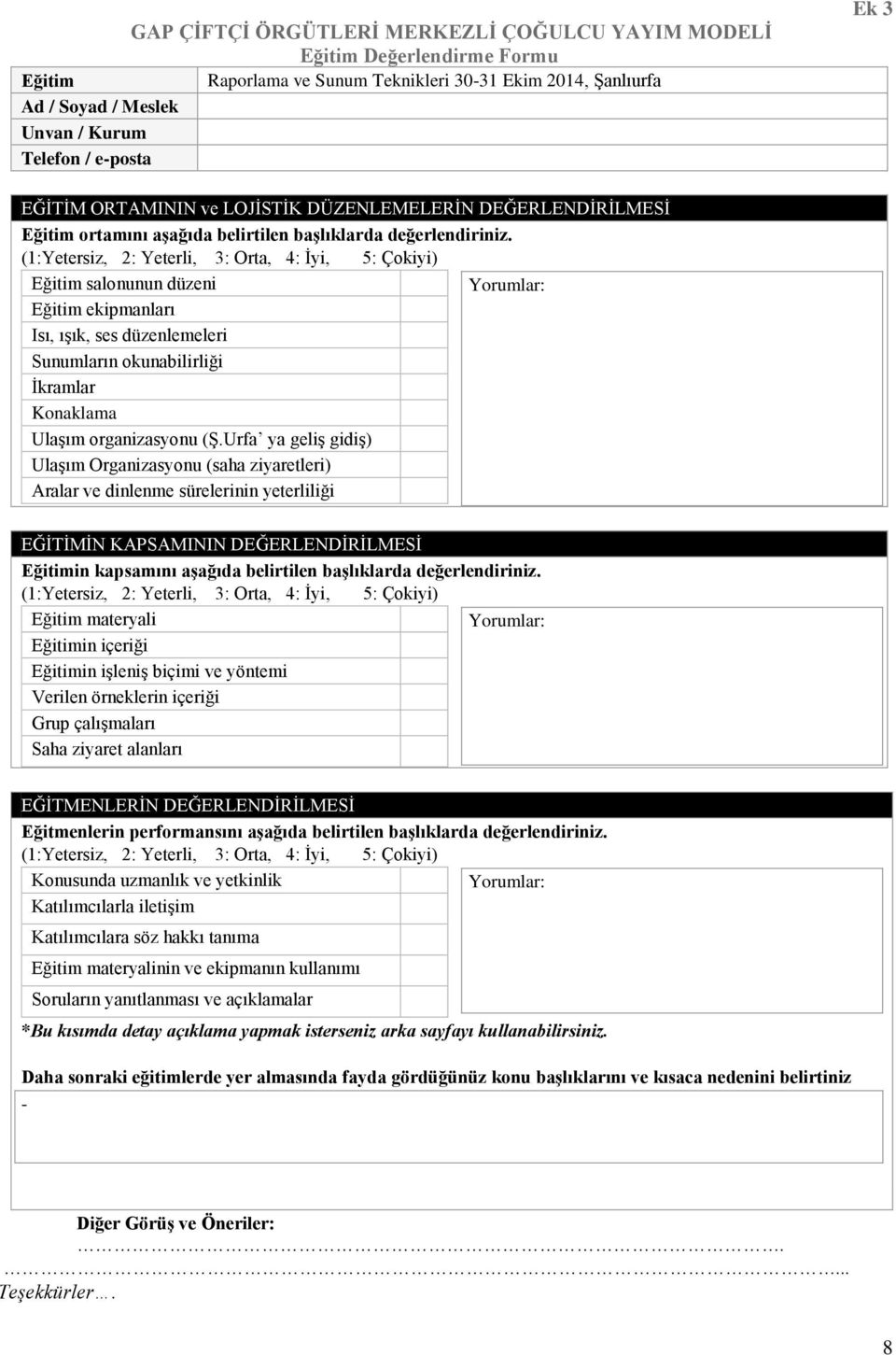 (1:Yetersiz, 2: Yeterli, 3: Orta, 4: İyi, 5: Çokiyi) Eğitim salonunun düzeni Yorumlar: Eğitim ekipmanları Isı, ışık, ses düzenlemeleri Sunumların okunabilirliği İkramlar Konaklama Ulaşım