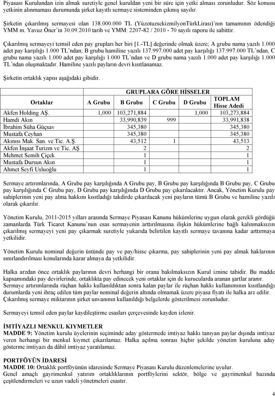 Çıkarılmış sermayeyi temsil eden pay grupları her biri [1.-TL] değerinde olmak üzere; A grubu nama yazılı 1.000 adet pay karşılığı 1.000 TL ndan; B grubu hamiline yazılı 137.997.