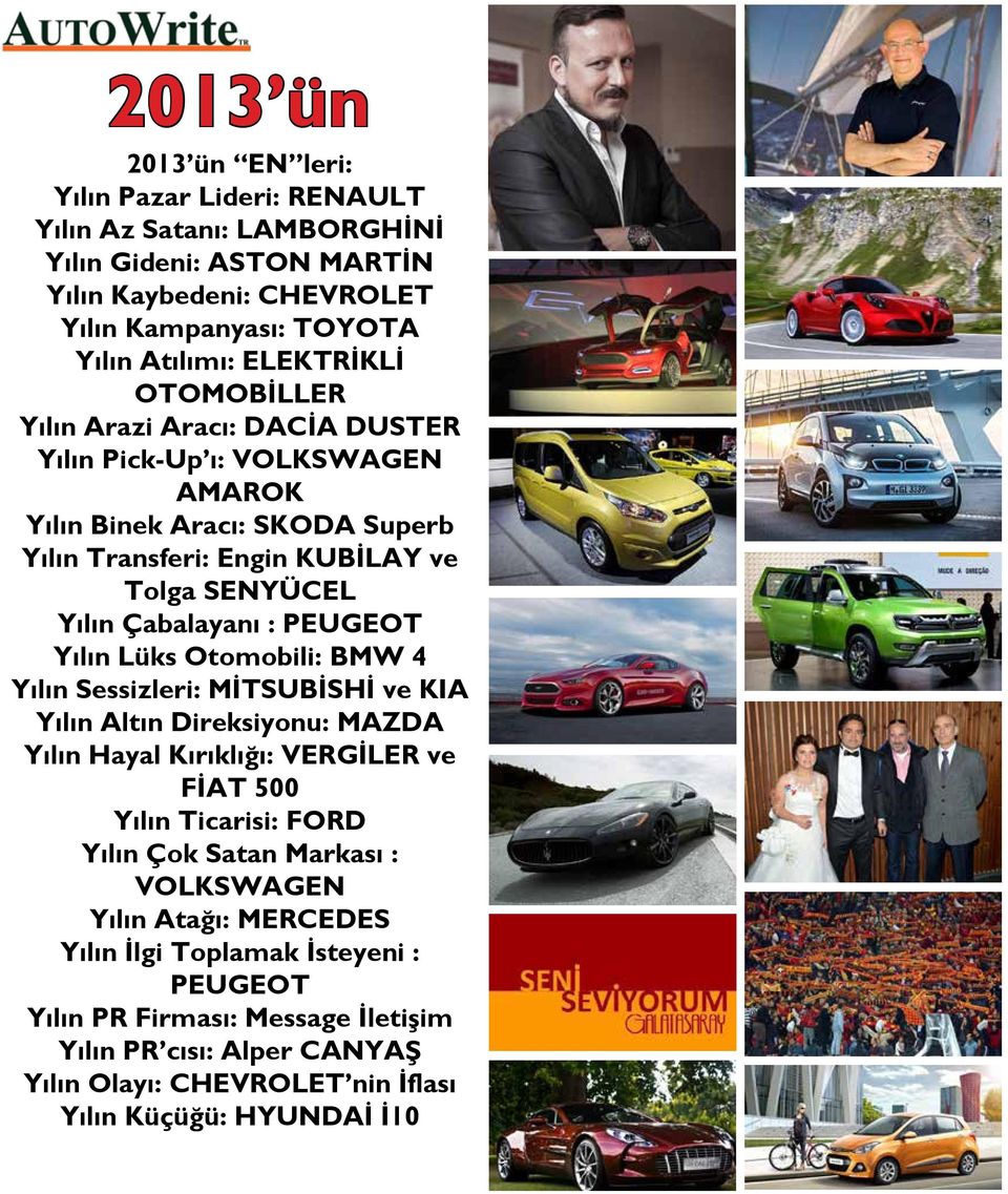 Yılın Lüks Otomobili: BMW 4 Yılın Sessizleri: MİTSUBİSHİ ve KIA Yılın Altın Direksiyonu: MAZDA Yılın Hayal Kırıklığı: VERGİLER ve FİAT 500 Yılın Ticarisi: FORD Yılın Çok Satan Markası :
