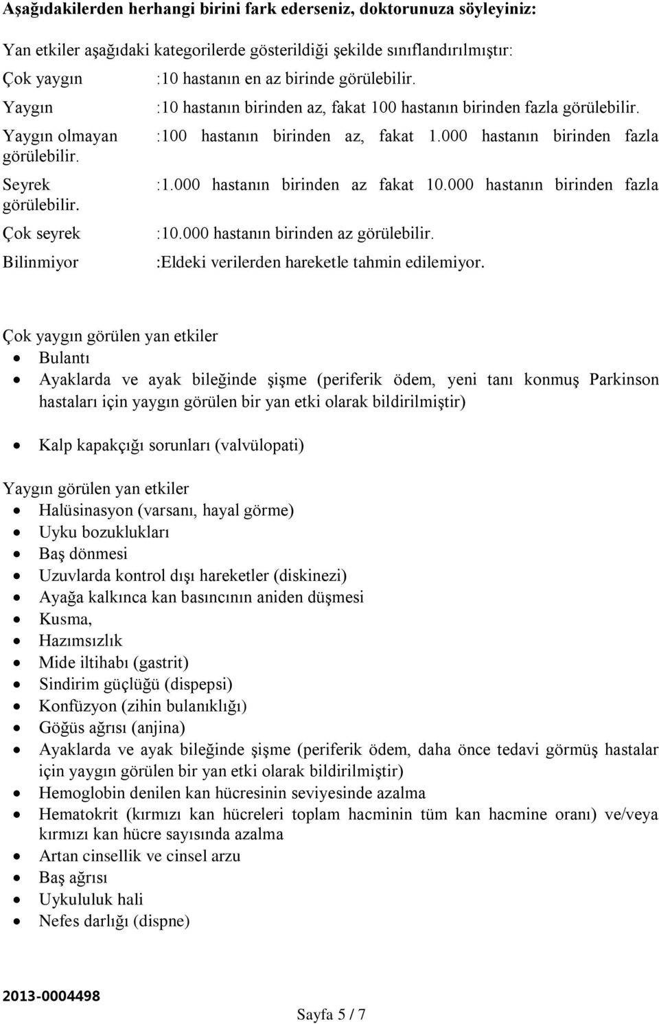 000 hastanın birinden az fakat 10.000 hastanın birinden fazla görülebilir. Çok seyrek :10.000 hastanın birinden az görülebilir. Bilinmiyor :Eldeki verilerden hareketle tahmin edilemiyor.