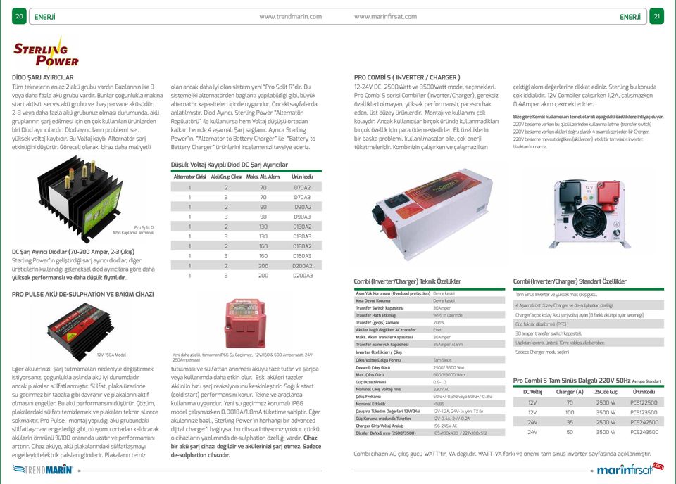 Bunlar çoğunlukla makina sisteme iki alternatörden bağlantı yapılabildiği gibi, büyük Pro Combi S serisi Combi ler (Inverter/Charger), gereksiz start aküsü, servis akü grubu ve baş pervane aküsüdür.