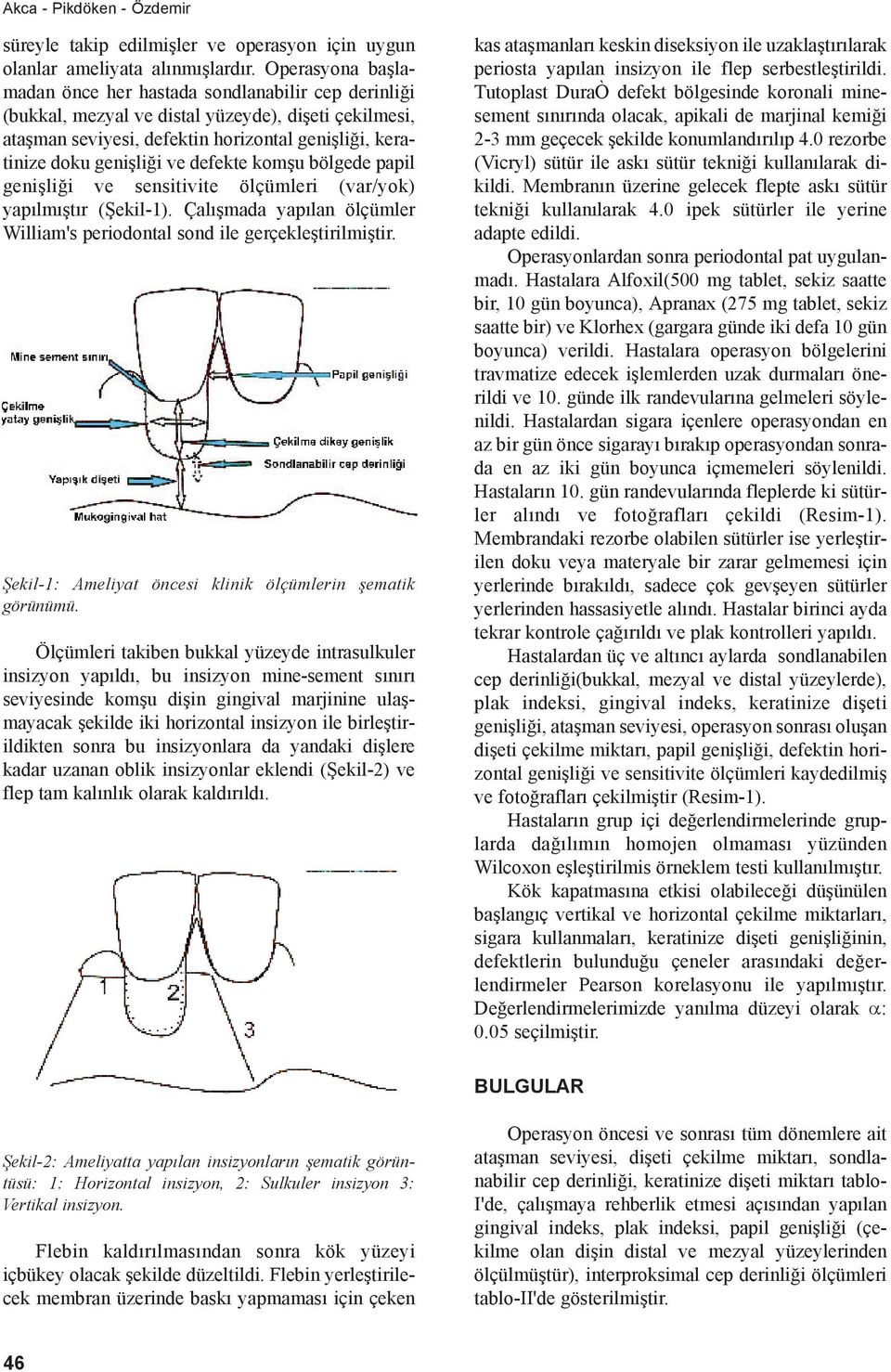 defekte komşu bölgede papil genişliği ve sensitivite ölçümleri (var/yok) yapılmıştır (Şekil-1). Çalışmada yapılan ölçümler William's periodontal sond ile gerçekleştirilmiştir.