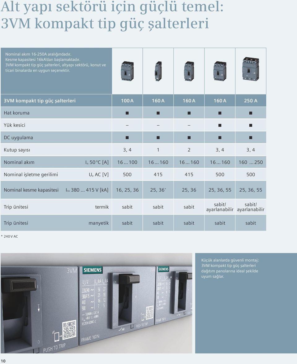 3VM kompakt tip güç şalterleri 100 A 160 A 160 A 160 A 250 A Hat koruma Yük kesici DC uygulama Kutup sayısı 3, 4 1 2 3, 4 3, 4 Nominal akım I n 50 C [A] 16 100 16 160 16 160 16 160 160 250 Nominal