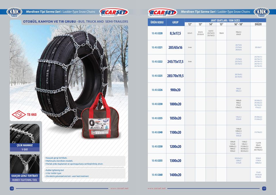 40.0225 285/70x19,5 285/70x19,5 265/70x19,5 10.40.0226 900x20 900x20 10Rx22,5 10.40.0230 1000x20 1000x20 900x22 975x22 1100x22,5 305/60x22,5 295/60x22,5 305/70x22,5 975x22,5 TS 663 10.40.0235 1050x20 11Rx22,5 1050x20 295/80x22,5 315/60x22,5 10.
