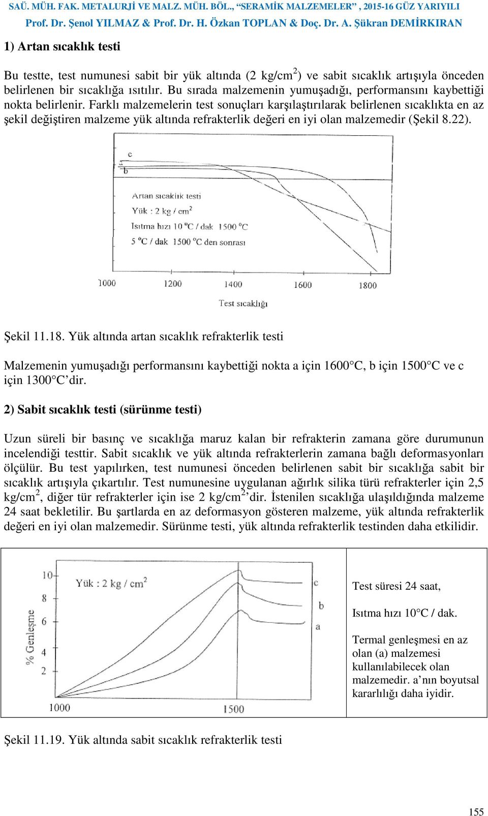 Farklı malzemelerin test sonuçları karşılaştırılarak belirlenen sıcaklıkta en az şekil değiştiren malzeme yük altında refrakterlik değeri en iyi olan malzemedir (Şekil 8.22). Şekil 11.18.